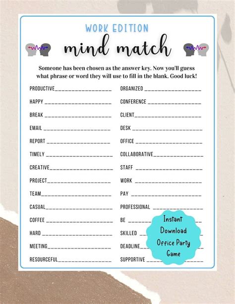 Office Party Printable Mind Match Game Coworker Staff Game Fun Work ...