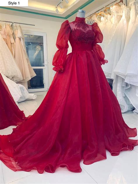 Hot Red Long Or Short Sleeve Tulle Ball Gown Wedding Prom Dress With