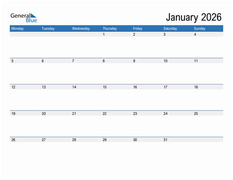 January 2026 Monday Start Calendar (PDF, Excel, Word)