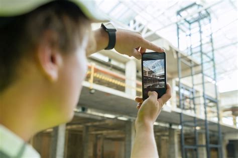 Jovem Arquiteto Masculino Fotografa Canteiro De Obras Foto Premium