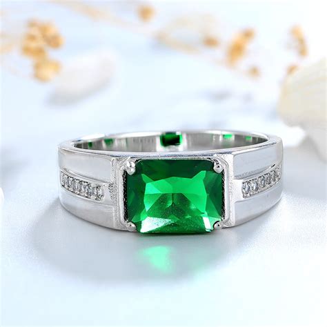 Bague Tendance En Argent Homme Pierre Rectangulaire Zircon Vert