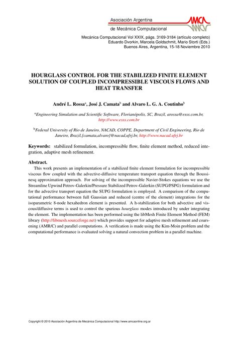 Pdf Hourglass Control For The Solution Of Incompressible Flows By The