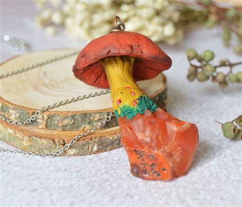 Polymer Clay Mushroom Pendant With Raw Carnelian Raw Crystal Etsy Uk