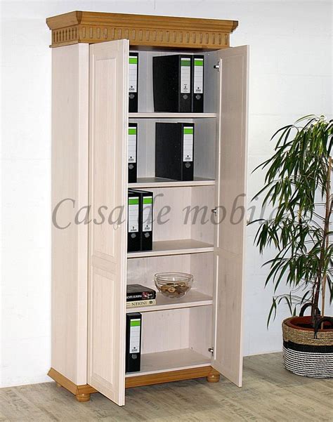 Büroschrank 98x205x40cm POARTA Kiefer massiv 2farbig weiß antik Casa