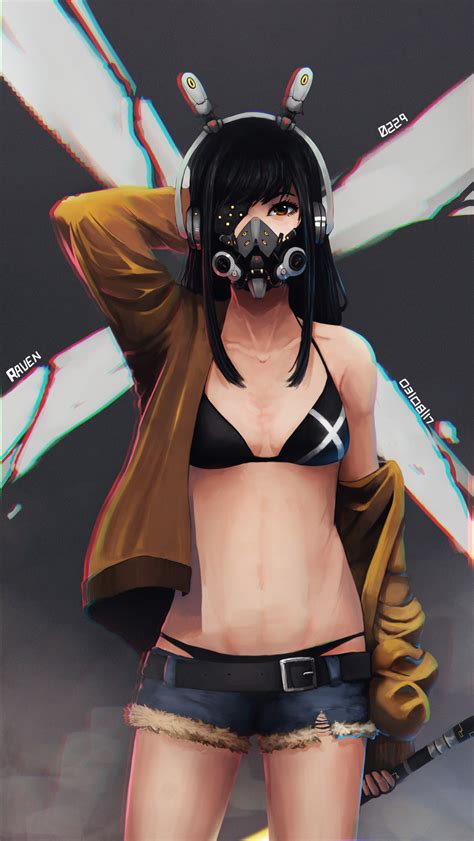 Wallpaper Digital Mask Cyberpunk Sword Gas Masks Girl With