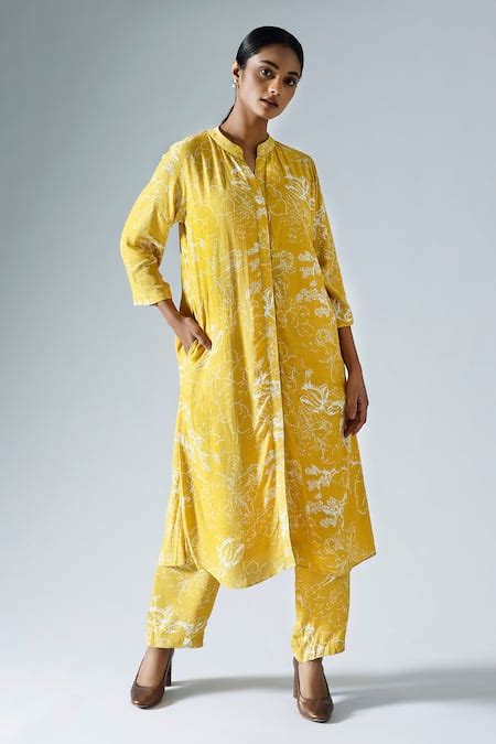 Buy Yellow Crepe Printed Abstract Floral Mandarin Tunic And Pant Co Ord