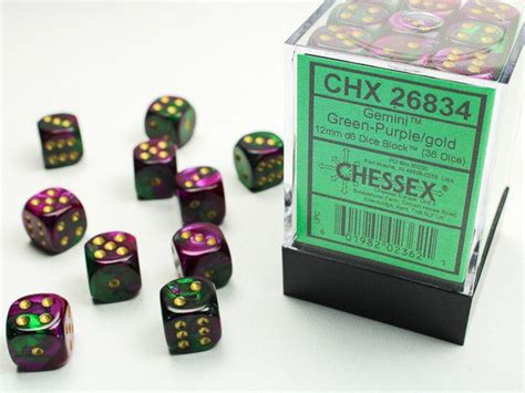 Chessex 12mm D6 Dice Block Gemini Green Purple Gold Ozzie Collectables