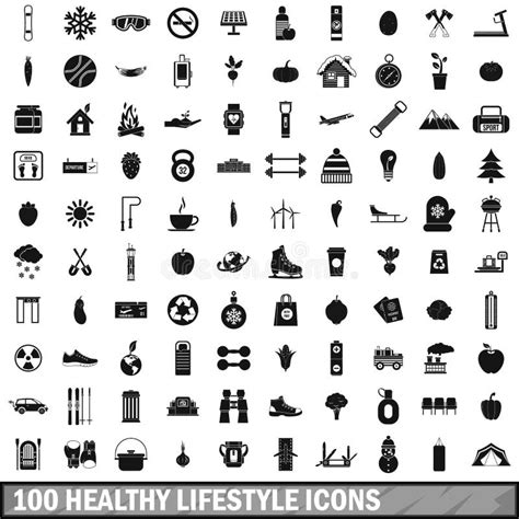 100 Iconos Sanos Fijados Estilo Simple De La Forma De Vida Ilustración