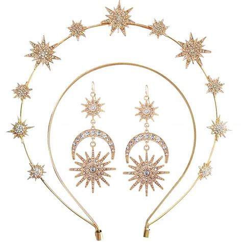 Halo Crown Exaggerated Sun Moon Stars Drop Earrings Rhinestone Earrings