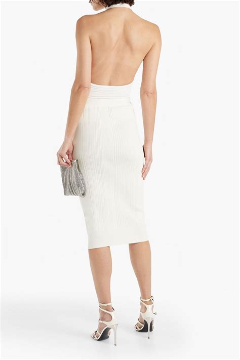 HERVÉ LÉGER Metallic ribbed knit midi skirt THE OUTNET