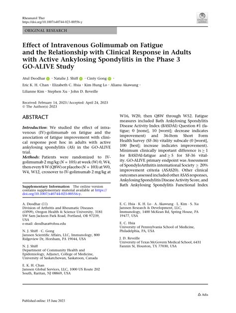 Pdf Effect Of Intravenous Golimumab On Fatigue And The Relationship