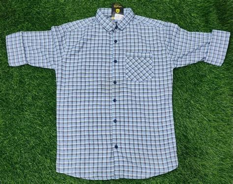 Cotton Small Checks Bouncer Blue Casual Twill Check Shirt Full Sleeves