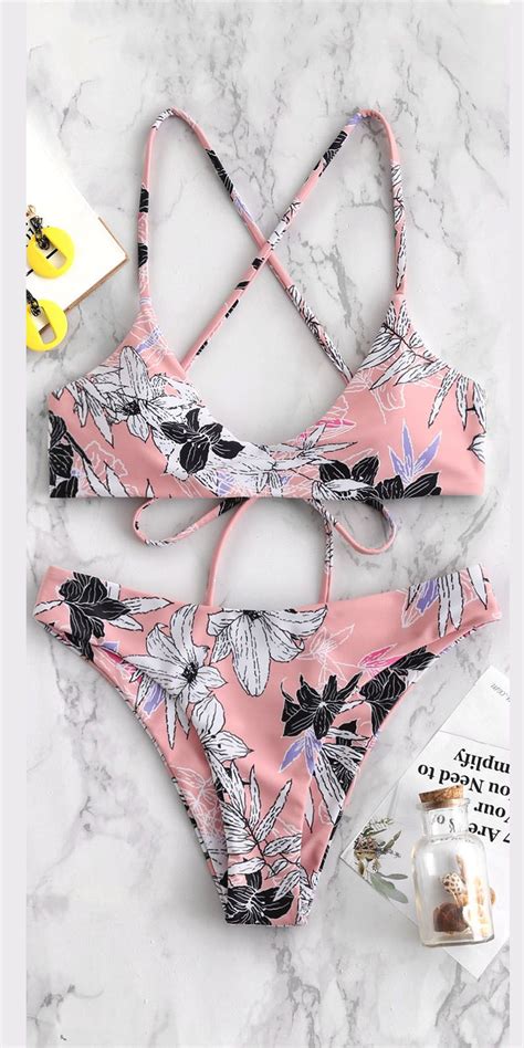 Pink Zaful Flower Criss Cross Bikini Set Criss Cross Bikini Set