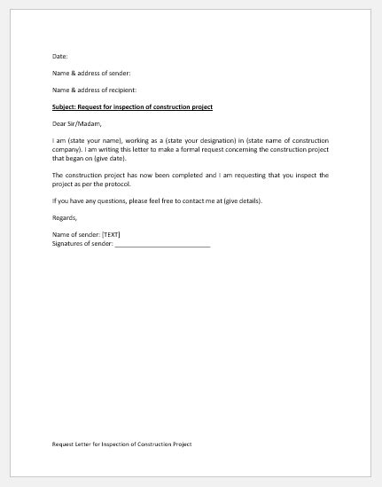 Construction Project Inspection Request Letter Download