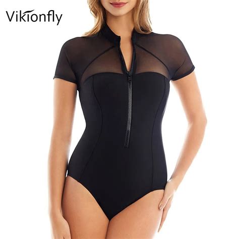 Vikionfly Mesh Black One Piece Swimsuit Women Zipper Short Sleeve