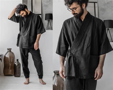 Short Men Kimono Youko Black Japanese Linen Shirt Kimono Etsy In 2021