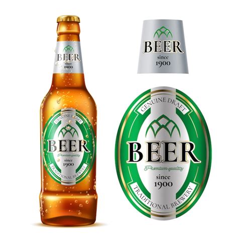 Vector Realista Botella De Cerveza De Vidrio Con Etiqueta Vector Premium