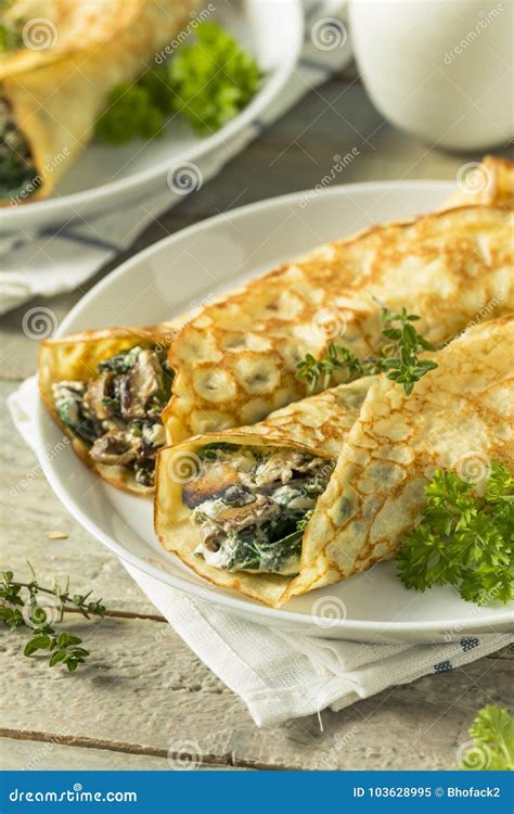 Savory Homemade Mushroom And Spinach Crepes Stock Image Image Of