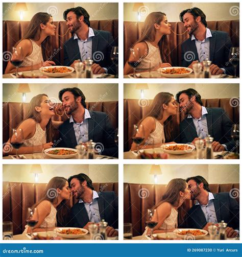 Collage Kiss Eating And Couple At A Restaurant With Food Affection And On A Night Date For