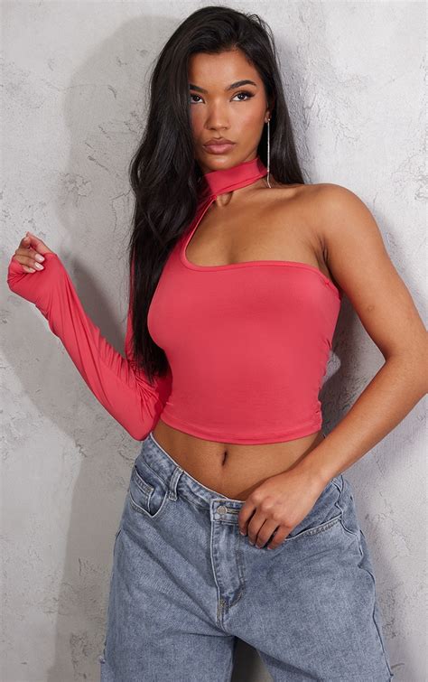 Pink Matte Slinky One Shoulder Crop Top Prettylittlething Ca