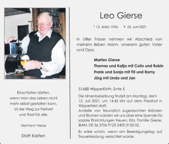 Traueranzeigen Von Leo Gierse Wirtrauern