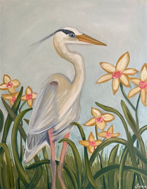 Bird Original Oil Painting Heron Wall Art Nursery Wall Decor Bird Painting Great Blue Heron ...