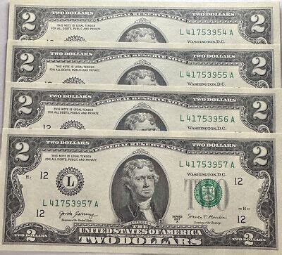 Lot Of Lucky Crisp Uncirculated Sequential Two Dollar Bills