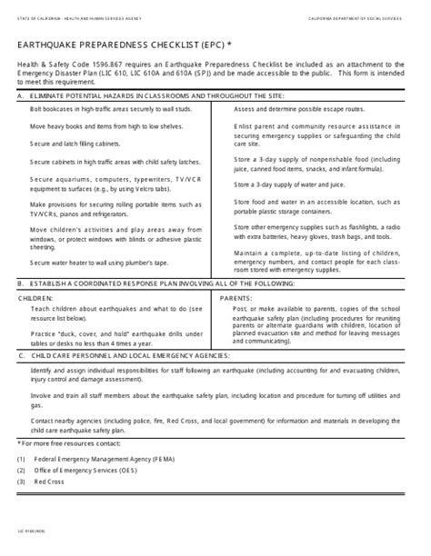 Form LIC 9148 Download Printable PDF, Earthquake Preparedness Checklist ...