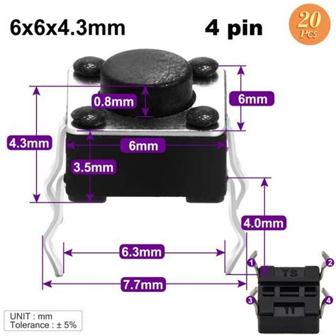 20 pièces 6x6x4 3mm Micro bouton poussoir Tactile momentané Pcb 6x6mm x