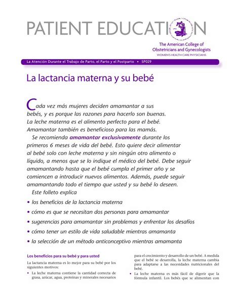 Pdf Patient Education Pamphlet Sp La Lactancia Materna Y