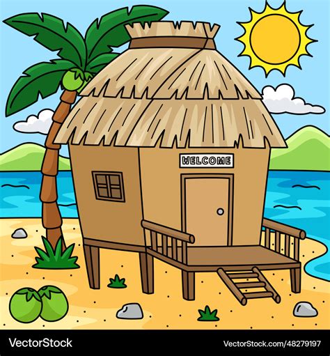 Nipa hut summer colored cartoon Royalty Free Vector Image