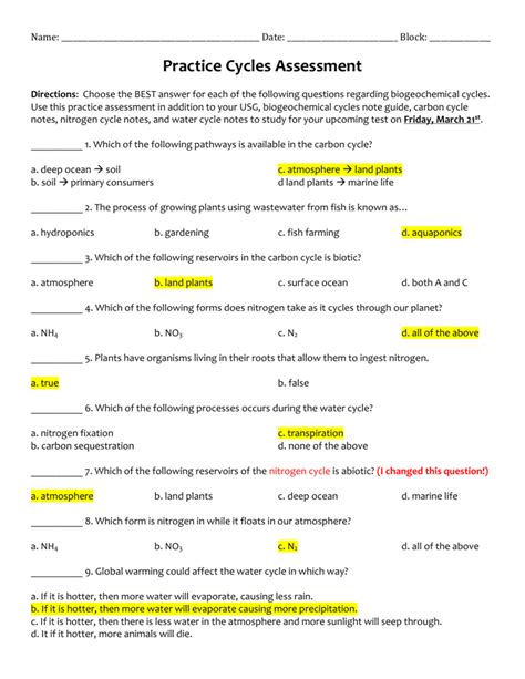 Integrated Science Cycles Worksheet Answer Key