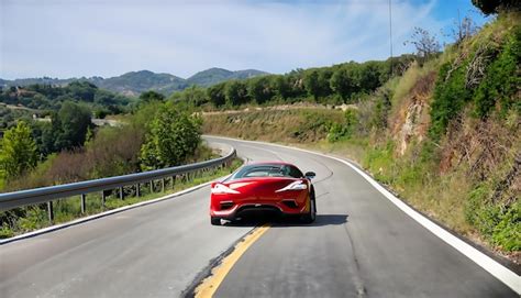 Un Coche Rojo Circula Por Una Carretera Con Monta As Al Fondo Foto