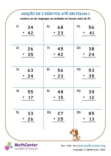 Adição De 2 Dígitos Até 100 Folha 1 Planilhas Math Center