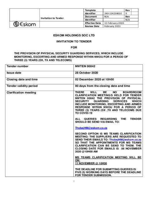 Fillable Online Invitation To Tender GEN3411 Confidential ESKOM Fax