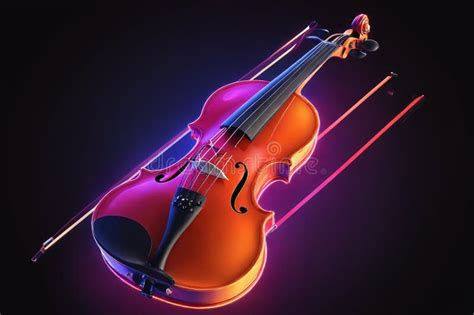 Neon Glow Violin And Bow In A Symphony Of Purple Light Stock Photo