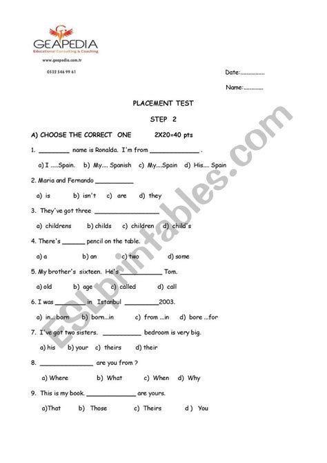 Placement Test Esl Worksheet By Gunayarik