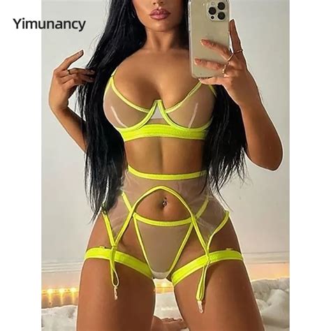 Yimunancy 3 Piece Neon Color Mesh Lingerie Set Women 8 Colors