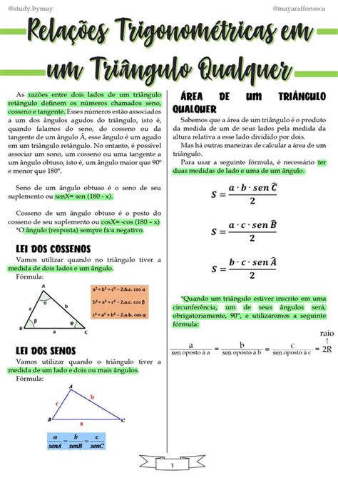 Resumo Relações Trigonométricas Em Um Triângulo Qualquer Planos De