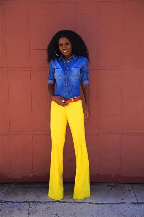 Fitted Denim Shirt Yellow Wide Leg Pants Fitted Denim Shirt Fashion Colourful Outfits