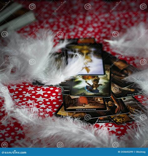 Blurred Predictions Background Tarot Cards Layout On Witch Table Stock