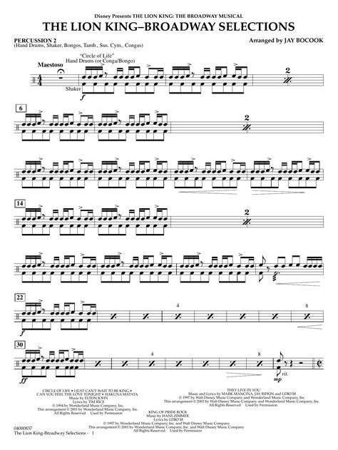 The Lion King Broadway Selections Percussion By Jay Bocook Sheet