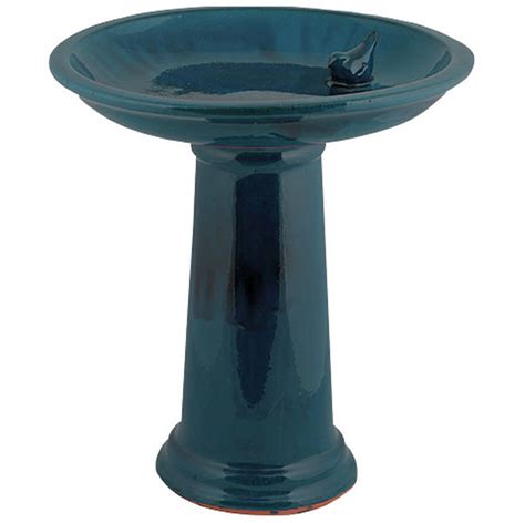 Glazed Ceramic Low Profile Bird Bath And Pedestal Teal