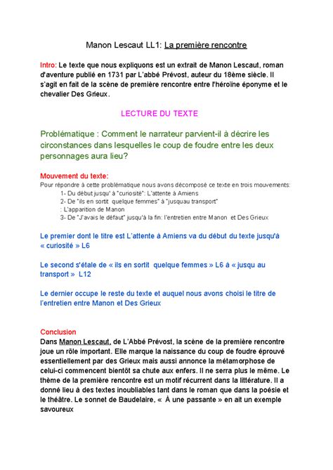 Analyse linéaire Manon Lescaut La première rencontre Manon Lescaut