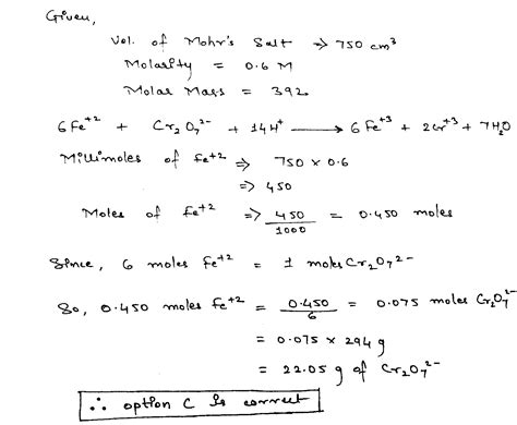 The Mass Of Potassium Dichromate Crystals Required To Oxidise 750 Cm 3