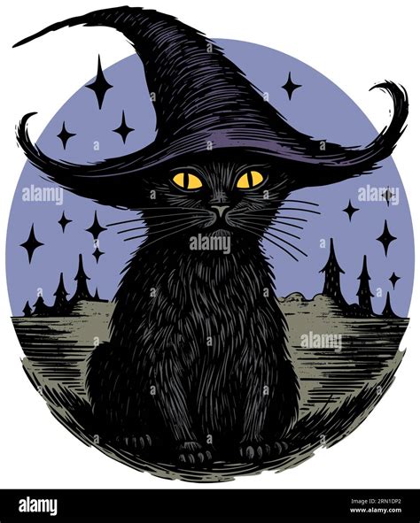 Cartoon Illustration Of Black Cat Wearing Magical Witches Hat Stock