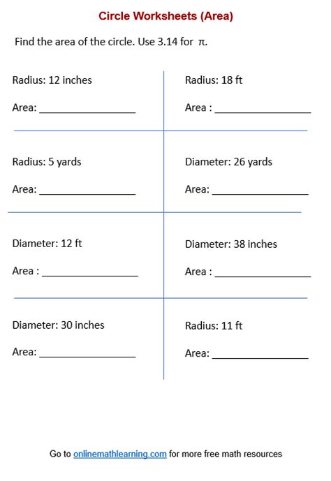 Area of Circle Worksheets (printable, online, answers, examples)