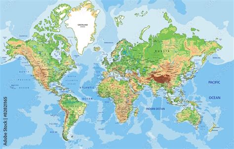 Highly Detailed Physical World Map With Labeling Stock Illustration