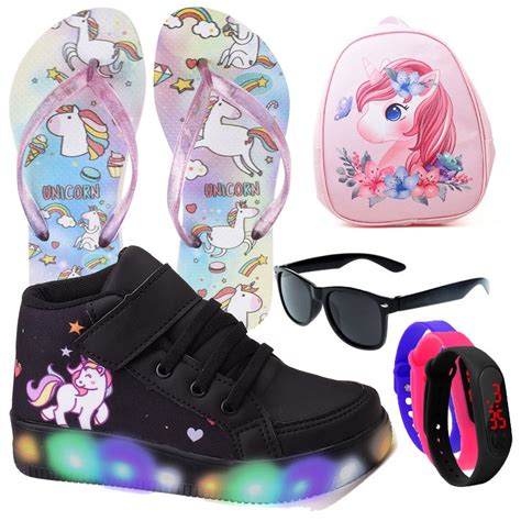 Botinha De Led Led Feminino Unicornio Meninas Calce Facil Mochila