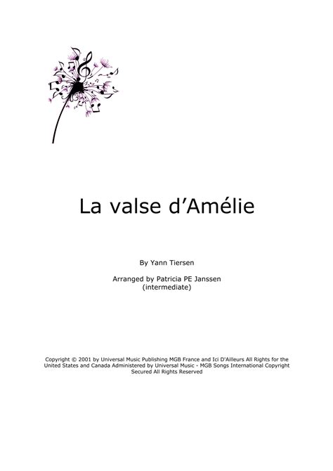 La Valse D Amelie Arr Patricia Pe Janssen Sheet Music Yann Tiersen